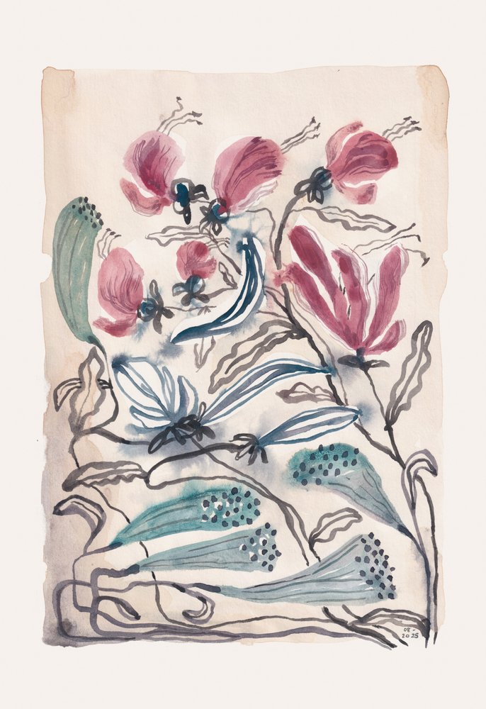 Rózsaszín és türkizkék növényi motívumok alkotó: Catalina Somolinos