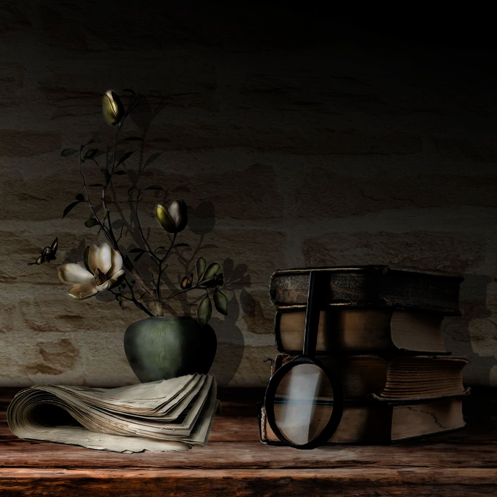 Régi könyvek és virágok alkotó: Christine SUISSIA