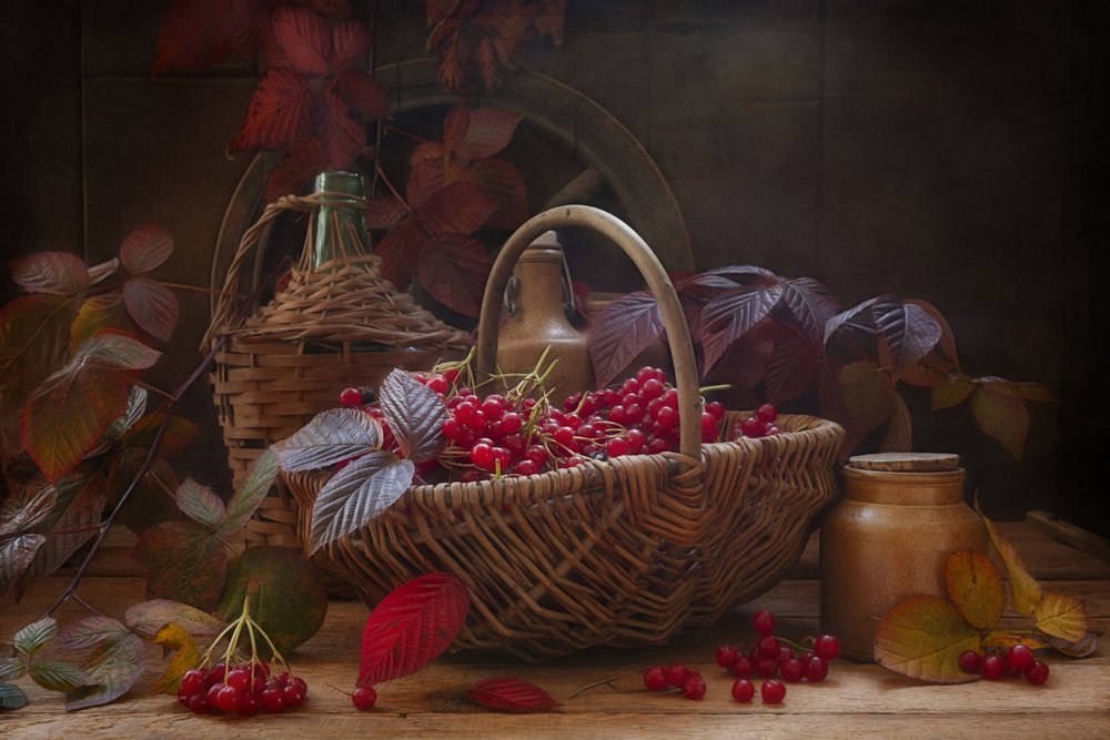 Csendélet skarlátvörös viburnum őszi ágakkal és bogyókkal, vintage stílusban. alkotó: Eleonora Grigorjeva