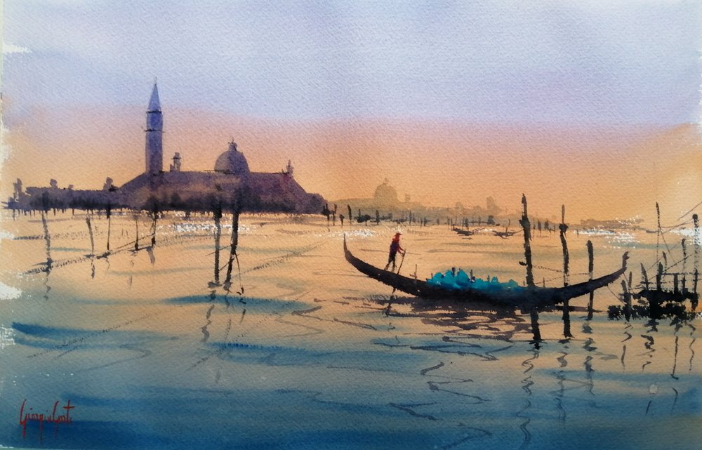 Velencei gondola naplementekor alkotó: Giorgio Gosti