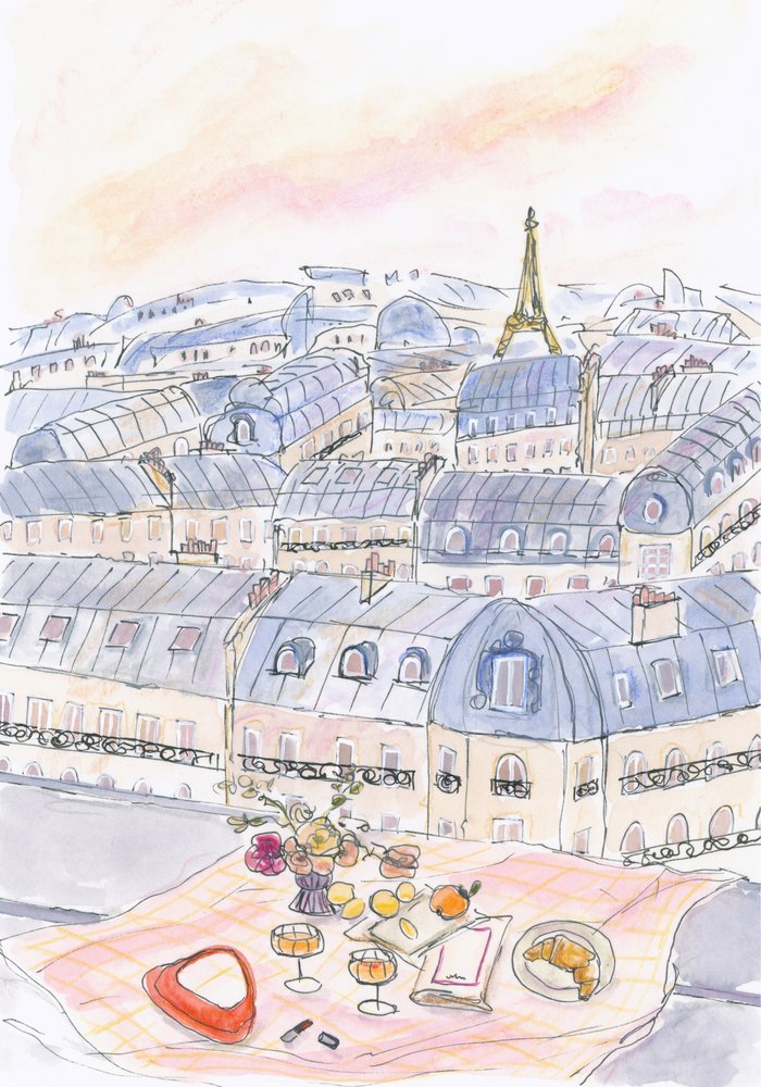 Párizsi tetőteraszos piknik az Eiffel-toronyra néző kilátással alkotó: Katharina Puritscher