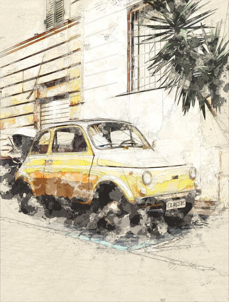 Klasszikus sárga Fiat alkotó: Lembayung senja studio [Vintage Poster]