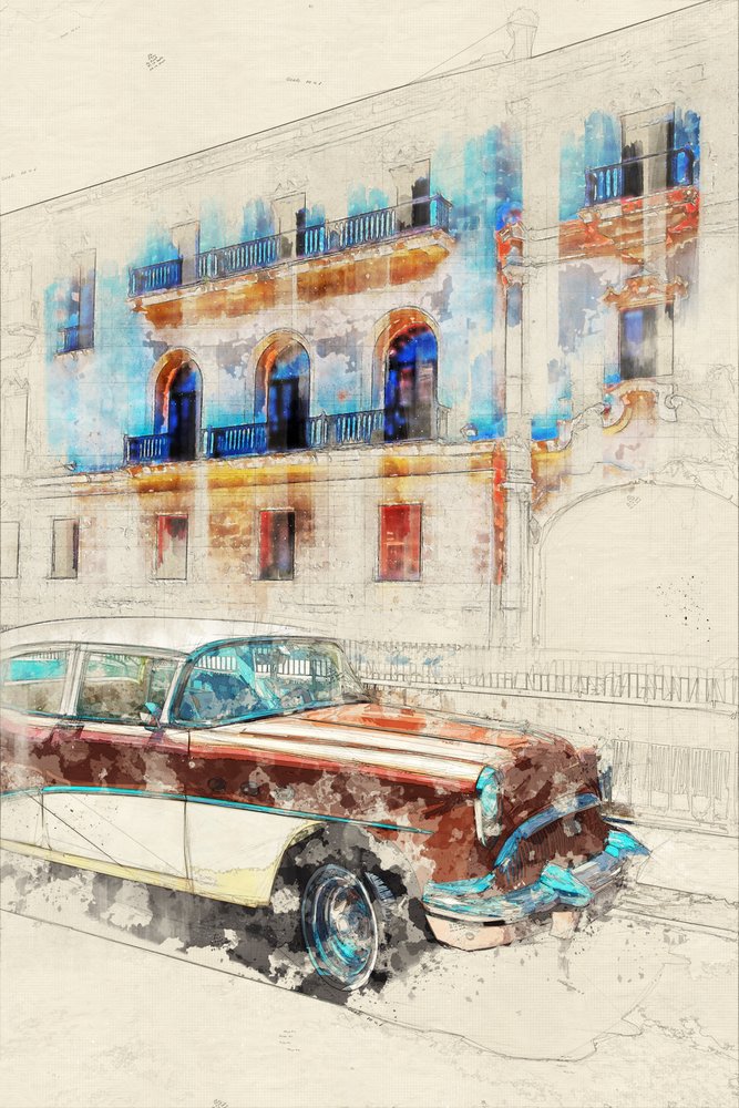 Havanna – klasszikus autók vázlatai alkotó: Lembayung senja studio [Vintage Poster]