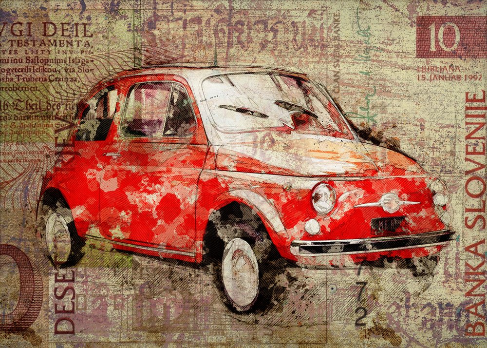 Piros, vintage Fiat 500 alkotó: Lembayung senja studio [Vintage Poster]