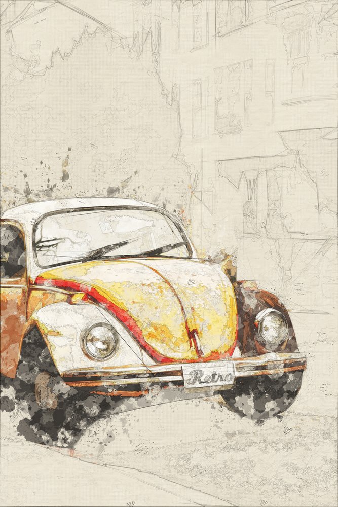 Retro sárga Beetle alkotó: Lembayung senja studio [Vintage Poster]