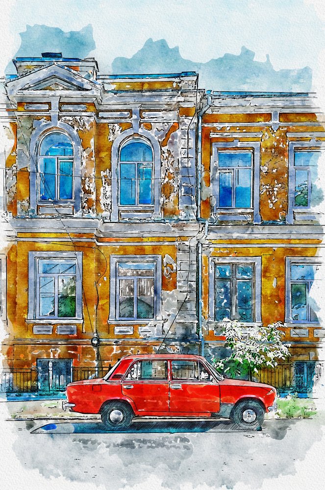 Régi autók városa épület alkotó: Lembayung senja studio [Vintage Poster]