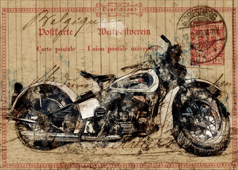 Régi motorkerékpáros képeslap alkotó: Lembayung senja studio [Vintage Poster]