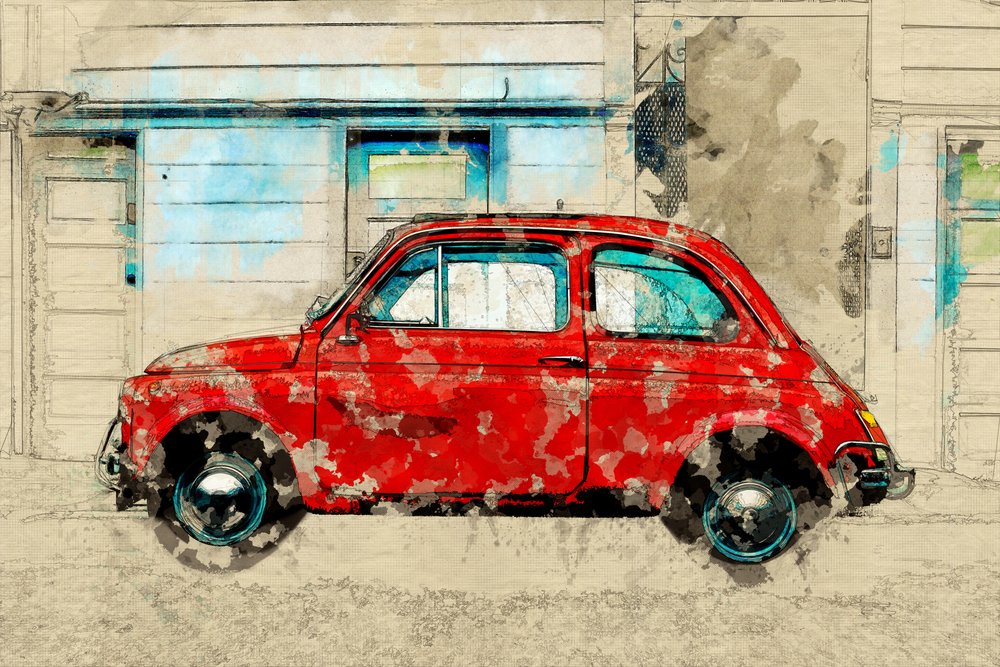 Régi vörös autó az utcán alkotó: Lembayung senja studio [Vintage Poster]