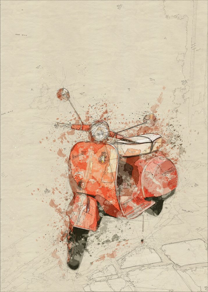 Retro vörös Vespa-művészet alkotó: Lembayung senja studio [Vintage Poster]