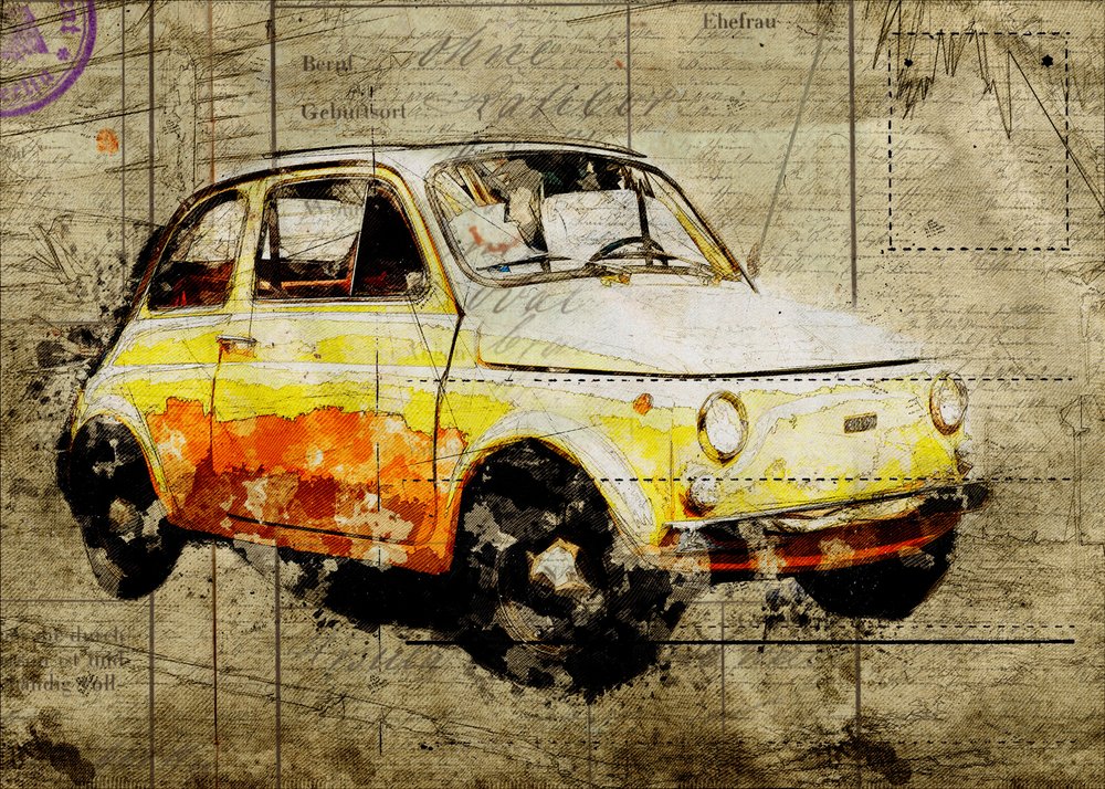 Rétro sárga Fiat 500 alkotó: Lembayung senja studio [Vintage Poster]