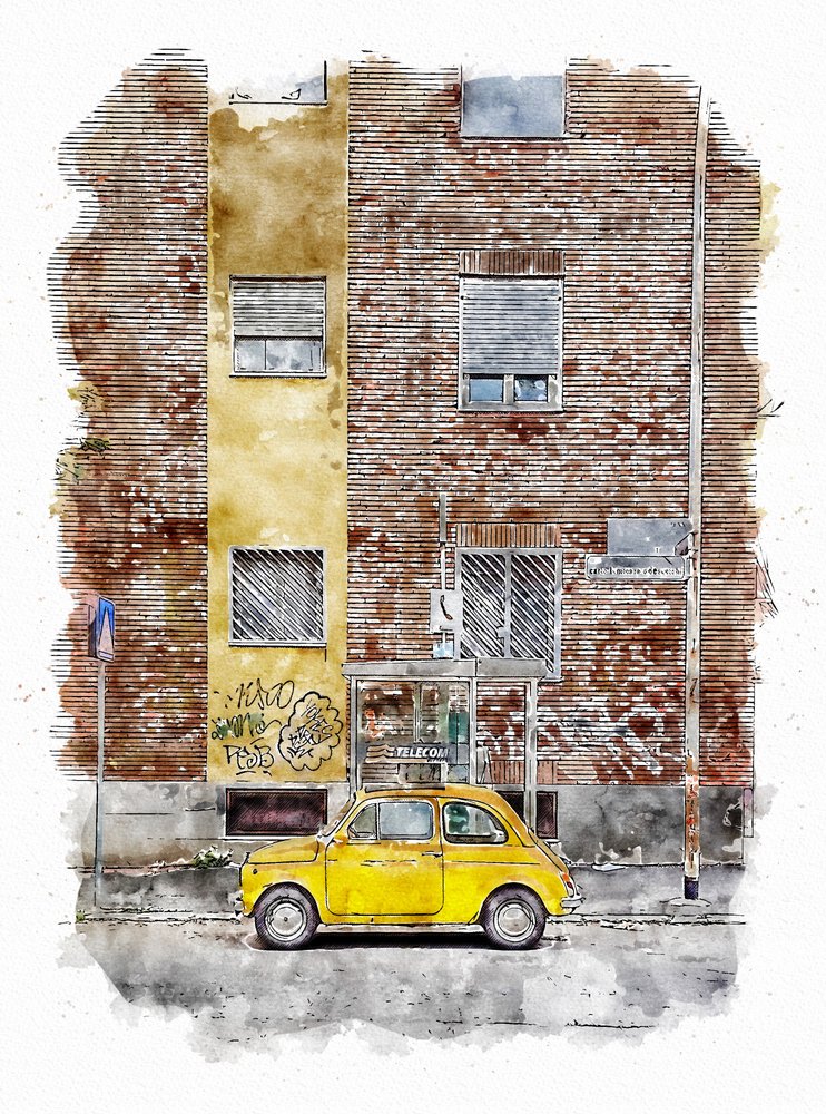 Sárga klasszikus utcai autó alkotó: Lembayung senja studio [Vintage Poster]