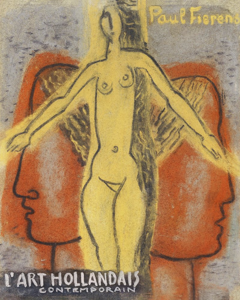 Meztelen nő két, egymástól elforduló férfi fej között (1933) – Leo Gestel alkotása. alkotó: Leo Gestel