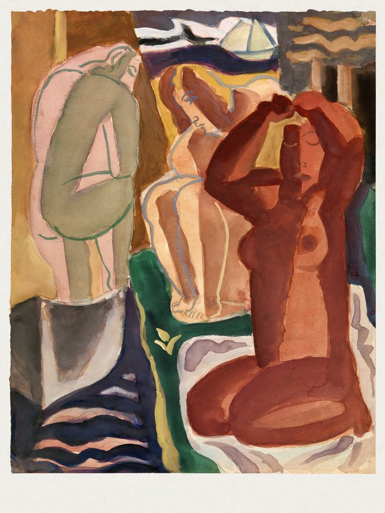 Két fürdőző nő és egy híd – Leo Gestel, 60x80 cm, fehér szegéllyel alkotó: Leo Gestel