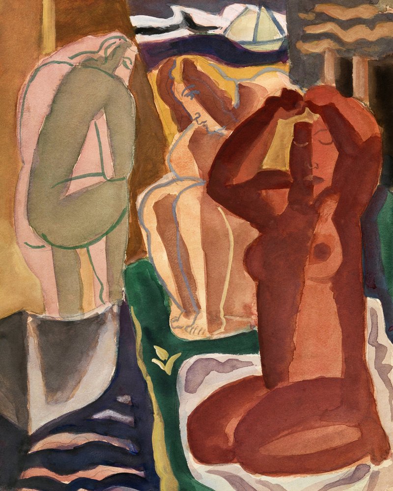 Két fürdőző nő és egy híd 4x5-ös méretben, tiszta alkotó: Leo Gestel