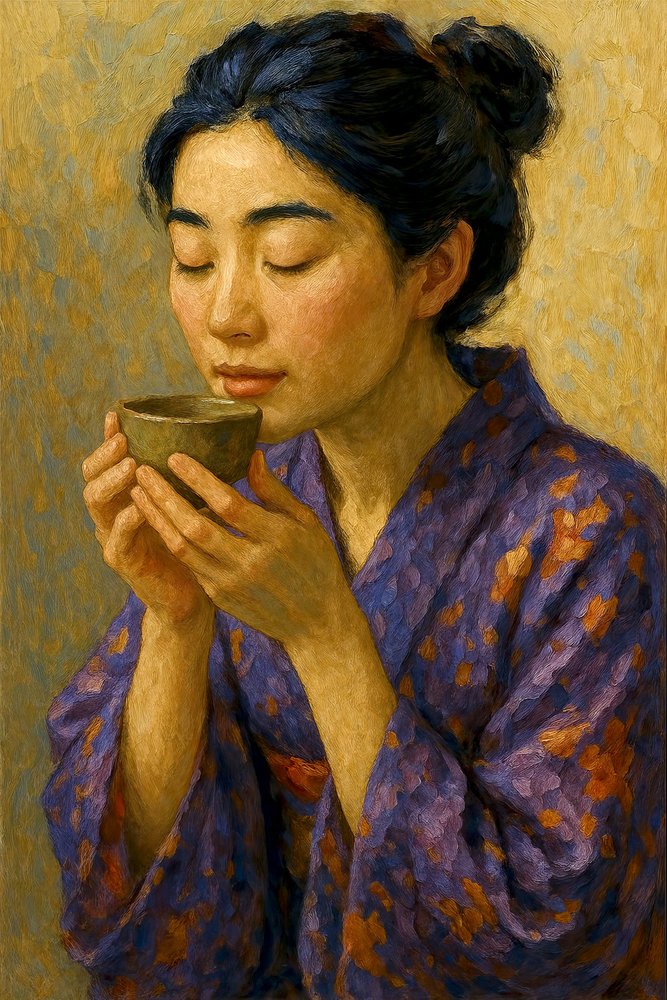Teát kortyolgató japán nő alkotó: Natalie Bruns