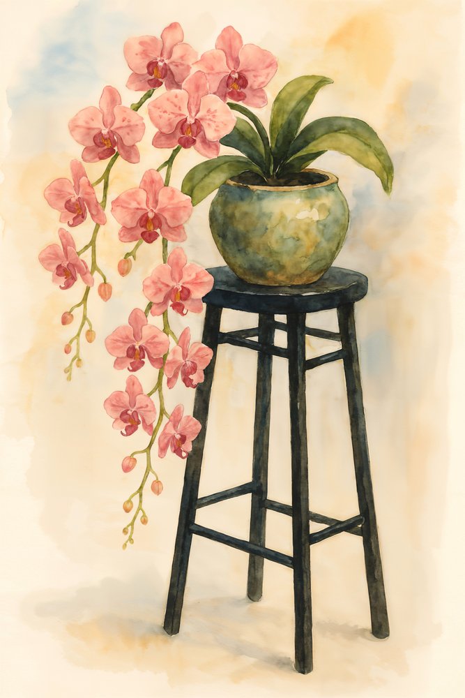 Rózsaszín orchidea egy székre helyezve alkotó: Natalie Bruns