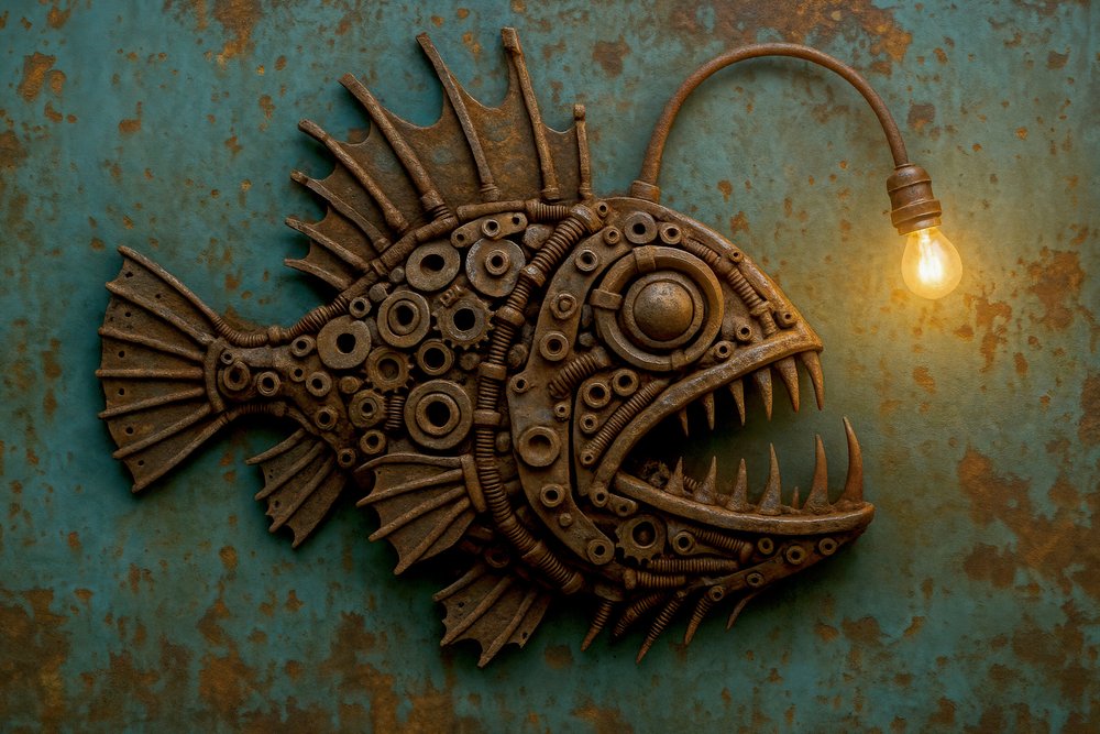 Steampunk-stílusú tőkehal lámpa alkotó: Natalie Bruns