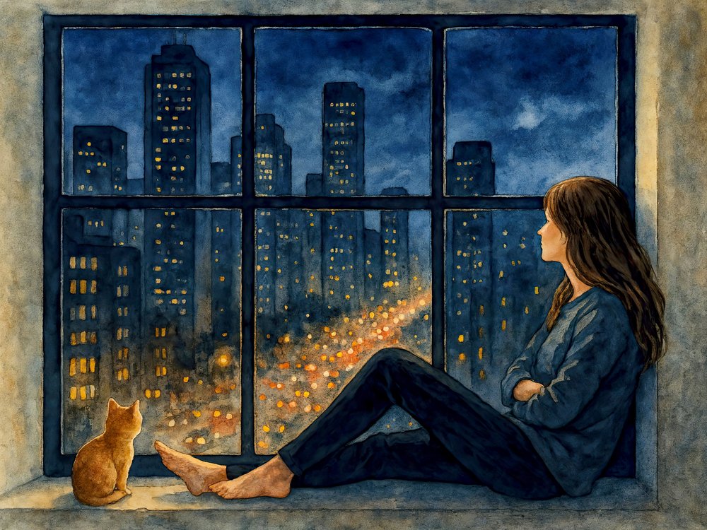 Nő, macska, város, ablak alkotó: Natalie Bruns