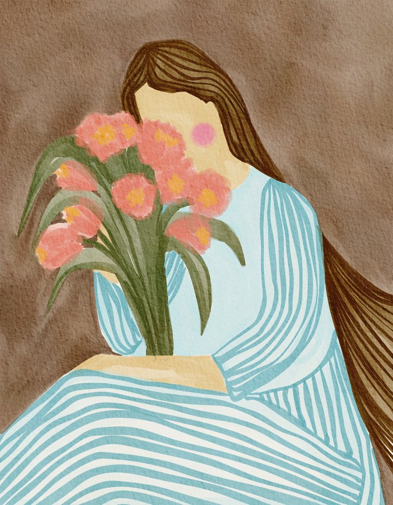 Félénk nő rózsaszín tulipánokkal alkotó: Nikita Jariwala