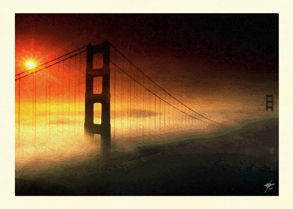 A Golden Gate-híd naplemente ködében alkotó: Osvaldo Russo