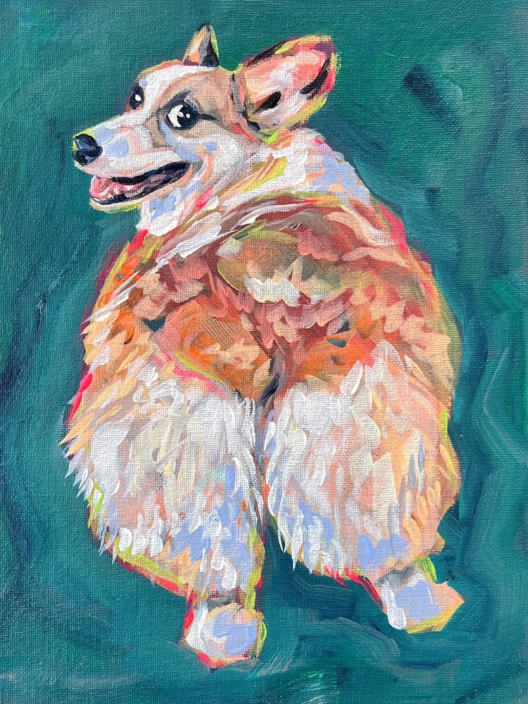 Élénk színű corgi kutya alkotó: Pauline Wegman | Key and Sea Creative