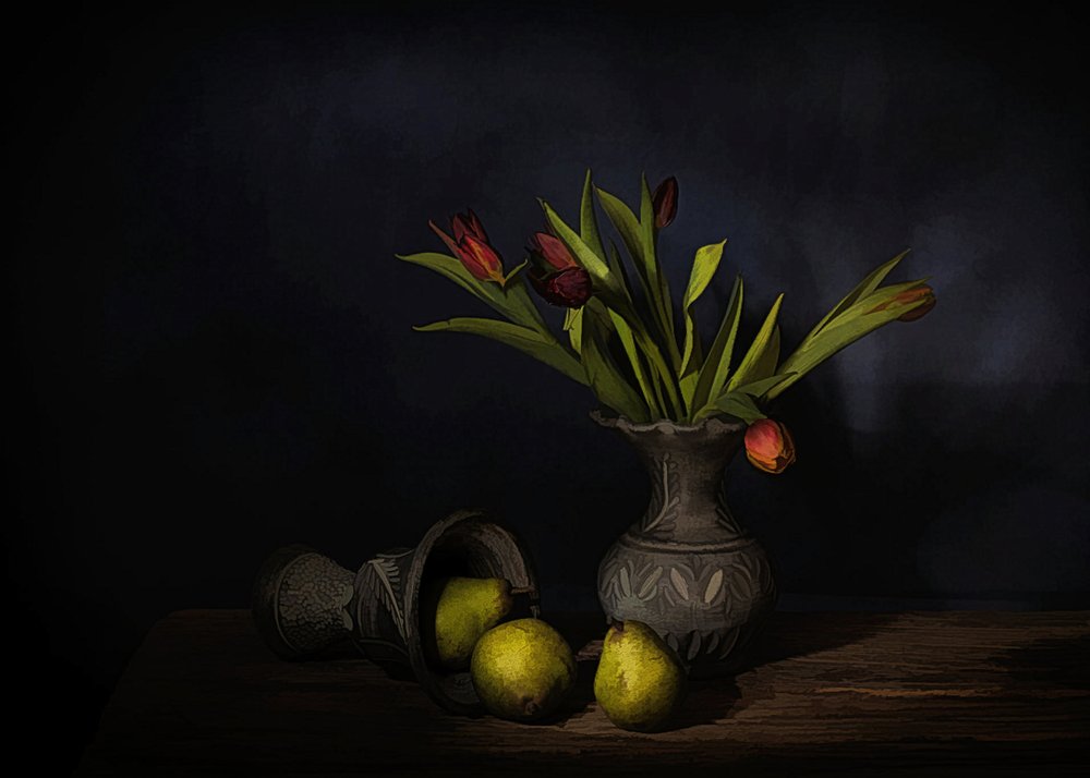 Csendélet körte és tulipánokkal alkotó: Saskia Dingemans