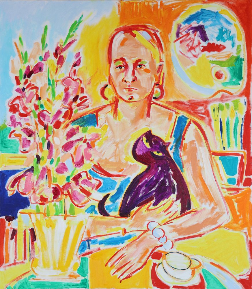 Önarckép lila macskával Max Beckmann nyomán, olaj, vászon, 2024 alkotó: Tamara Jare