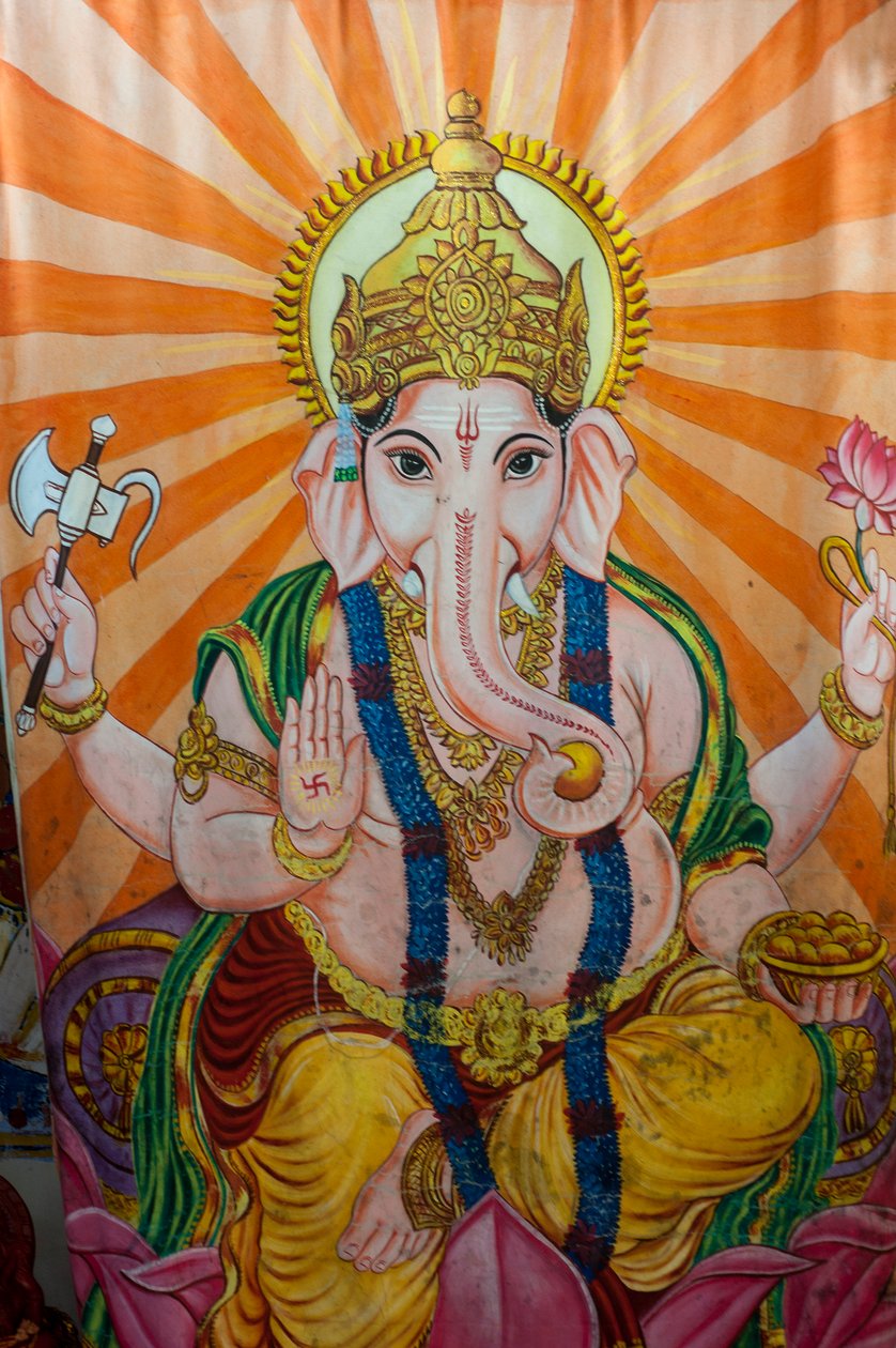 Az elefántfejű Ganesh istenség festménye a képernyőn Kovil faluban, Tirukovilban, Srí Lankán. 2010. május 29. alkotó: Unknown
