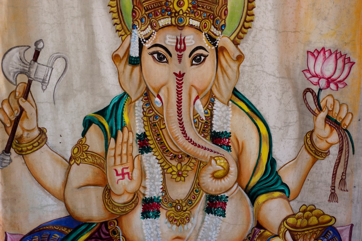 Az elefántfejű Ganesh istenség festménye a képernyőn Kovil faluban, Tirukovilban, Srí Lankán. 2010. május 29. alkotó: Unknown
