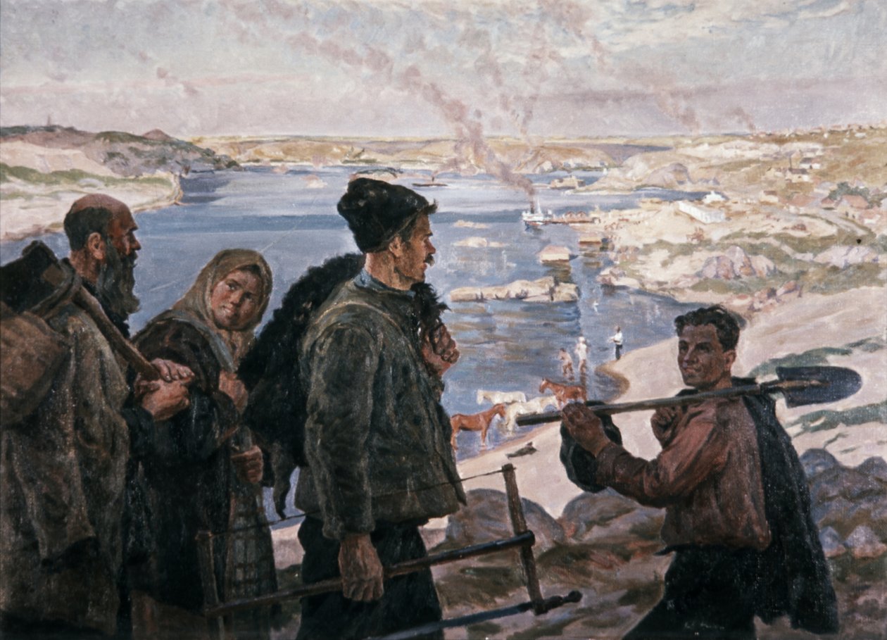 A Dnyeper Hydro építői 1937 K, Trokhimenko festménye, Szocialista realizmus. alkotó: Unknown