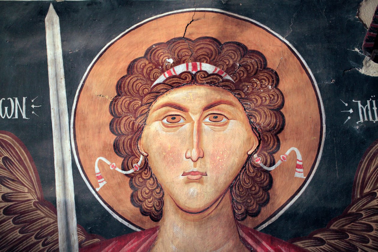 Bizánci freskó a 15. századból (részlet) Mihály arkangyal Falfestmény Mihály arkangyal templom Pedoulasban Ciprus Festett templomok UNESCO-hely Troodos, Ciprus alkotó: Unknown