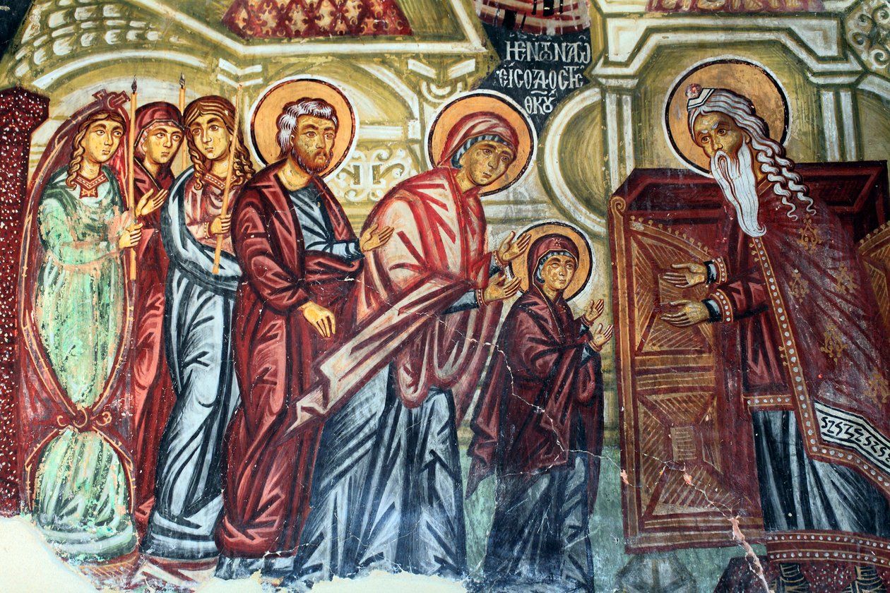 Bizánci freskó a 15. századból (részlet) Marie bemutatása a templom falánál festmény Mihály arkangyal templom Pedoulasban Ciprus Festett templomok UNESCO-hely Troodos, Ciprus alkotó: Unknown