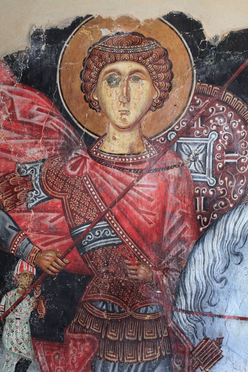 Bizánci freskó a 15. századból (részlet) Szent György falfestmény Mihály arkangyal templom Pedoulasban Ciprus Festett templomok UNESCO-hely Troodos, Ciprus alkotó: Unknown