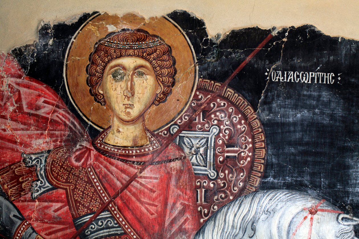 Bizánci freskó a 15. századból (részlet) Szent György falfestmény Mihály arkangyal templom Pedoulasban Ciprus Festett templomok UNESCO-hely Troodos, Ciprus alkotó: Unknown
