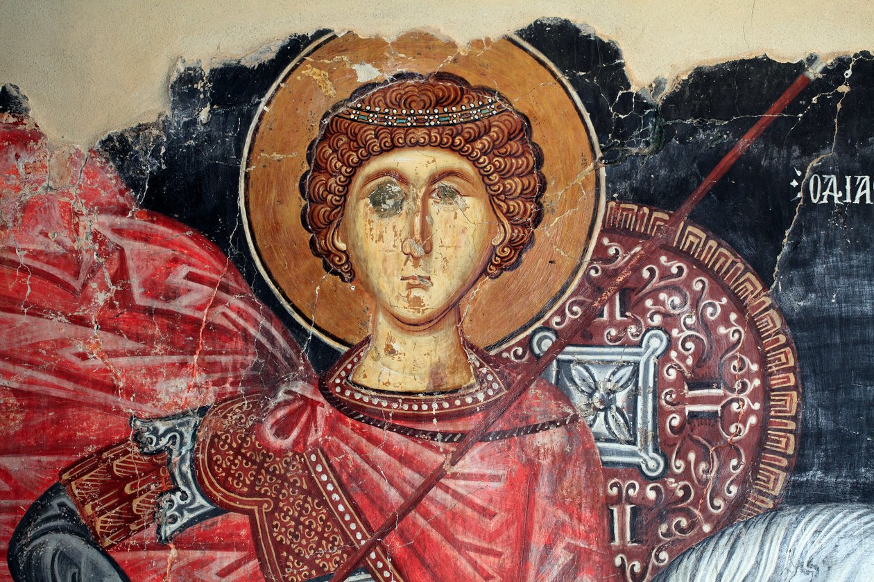 Bizánci freskó a 15. századból (részlet) Szent György falfestmény Mihály arkangyal templom Pedoulasban Ciprus Festett templomok UNESCO-hely Troodos, Ciprus alkotó: Unknown