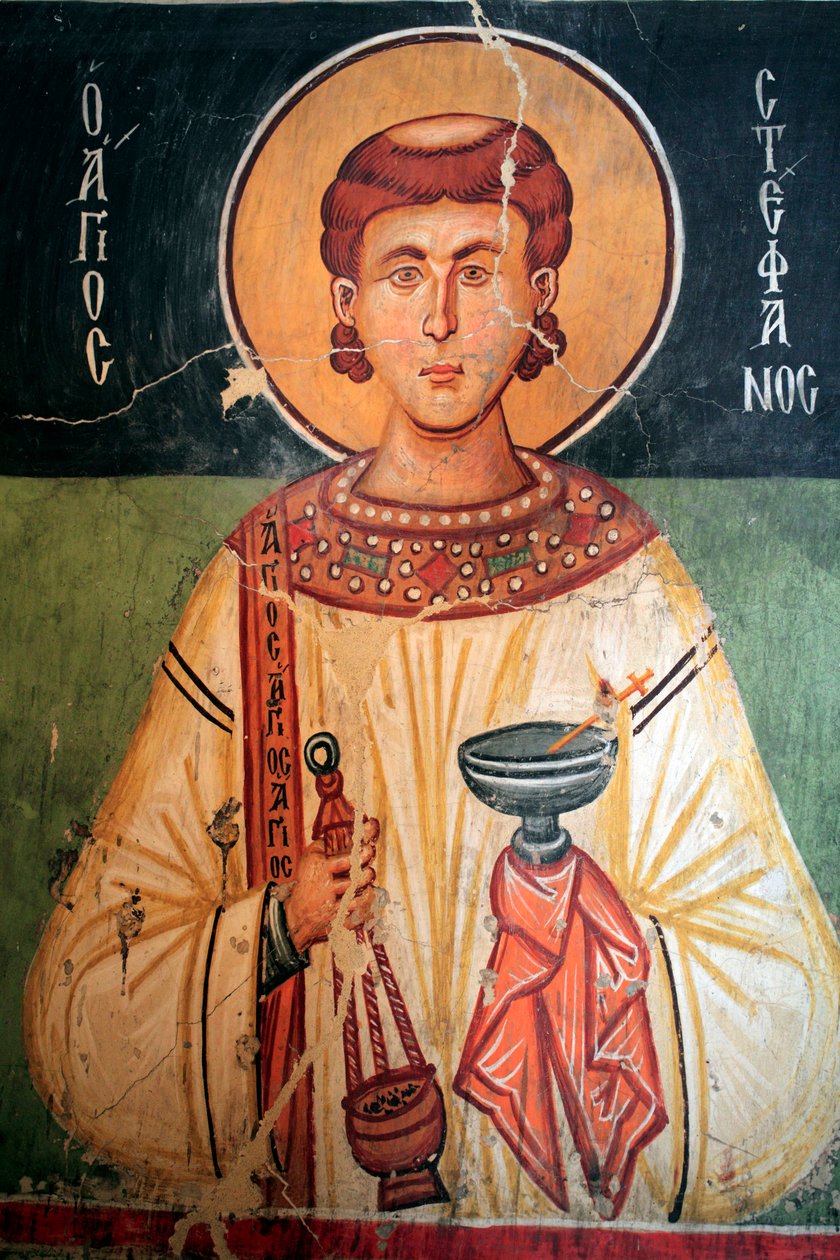 Bizánci freskó a 15. századból (részlet) Szent István falfestmény Mihály arkangyal templom Pedoulasban Ciprus Festett templomok UNESCO-hely Troodos, Ciprus alkotó: Unknown