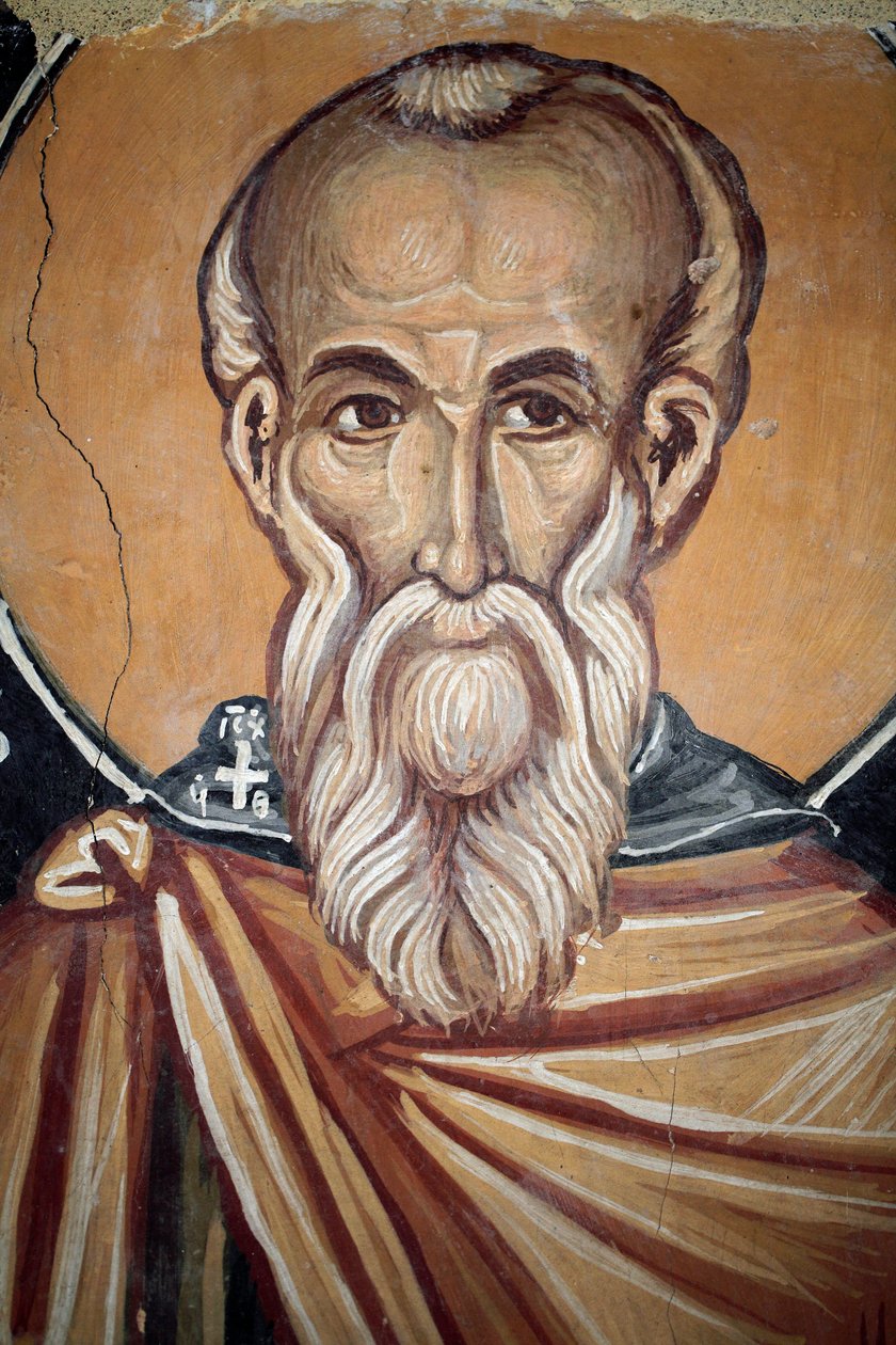 Bizánci freskó a 15. századból (részlet) Szent Theodose, cenobrius Falfestmény Mihály arkangyal kápolna, Galata falu Ciprus Festett templomok UNESCO-hely Troodos, Ciprus alkotó: Unknown