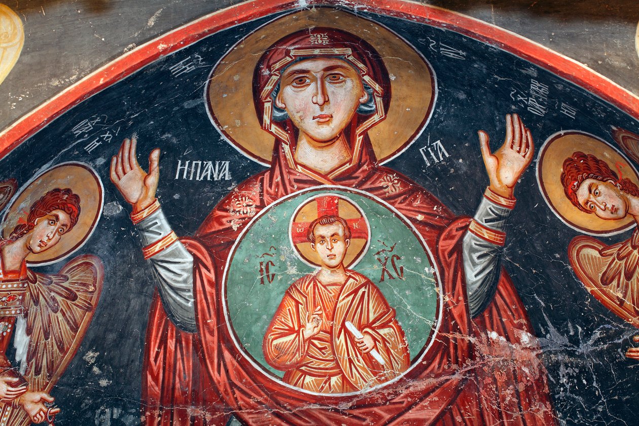 Bizánci freskó a 15. századból A Szent Mária falfestmény Mihály arkangyal-templom Pedoulasban Ciprus Festett templomok UNESCO-hely Troodos, Ciprus alkotó: Unknown