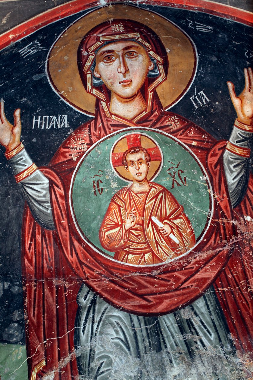 Bizánci freskó a 15. századból A Szent Mária falfestmény Mihály arkangyal-templom Pedoulasban Ciprus Festett templomok UNESCO-hely Troodos, Ciprus alkotó: Unknown
