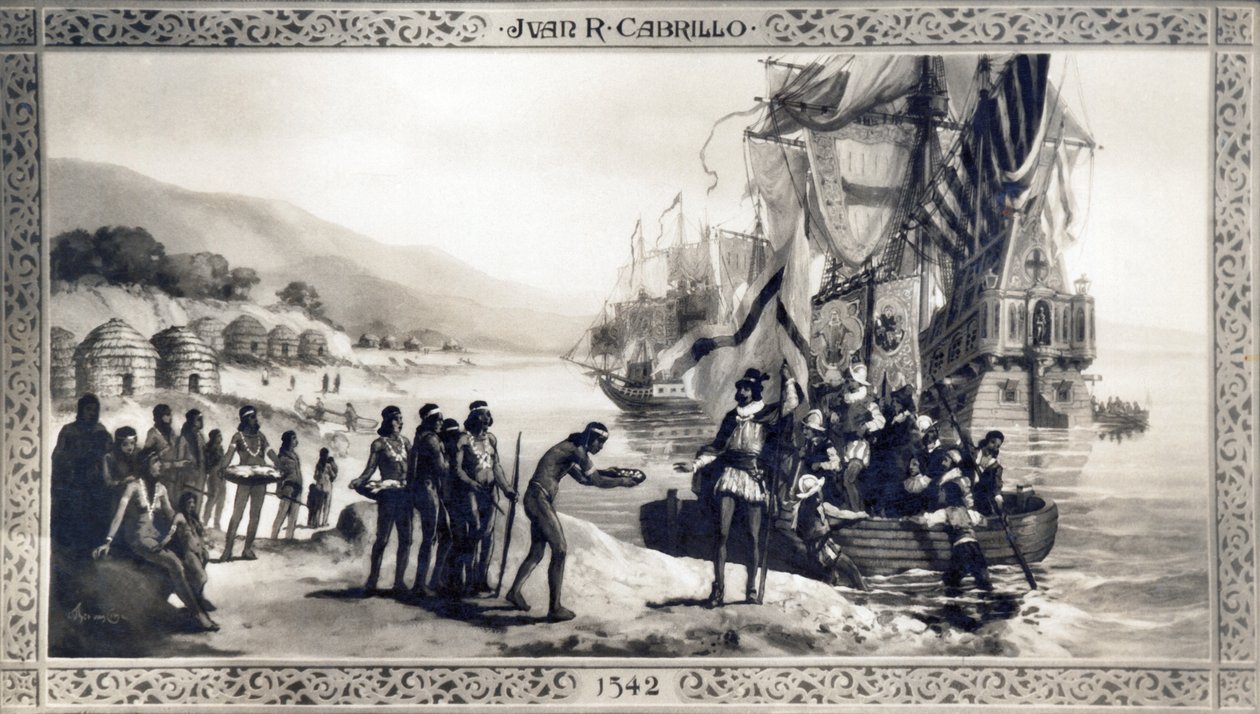 Kalifornia: 1542 Egy festmény, amely Juan Rodriguez Cabrillot ábrázolja, amint őslakosokkal találkozik a kaliforniai tengerparton expedíciója során. alkotó: Unknown