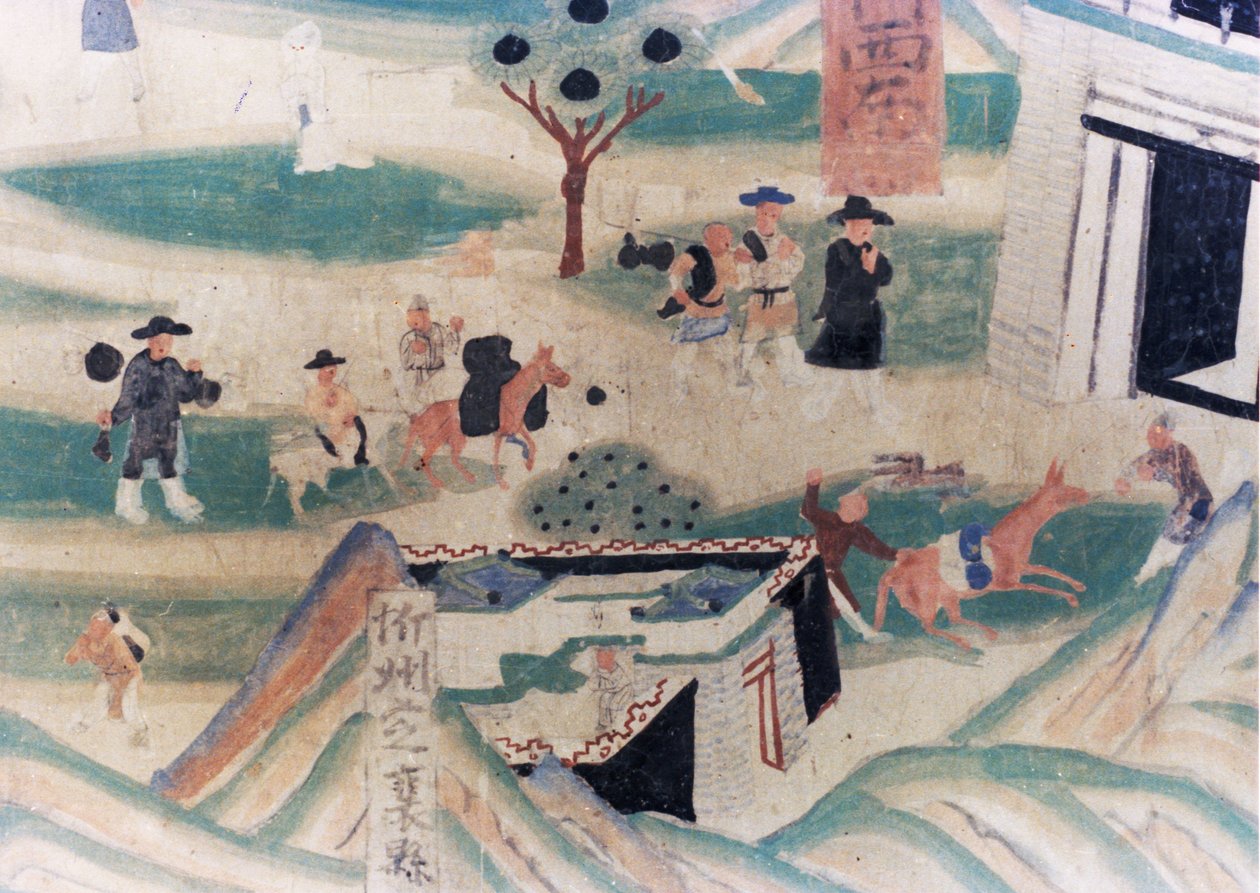 A Wutai-hegy (Wutaishan) térképének részlete, az öt dinasztia (907-960) idején a Dunhuang-barlangokban készült falfestmény, amely egy fogadóba éjszakázó zarándokokat ábrázol. alkotó: Unknown