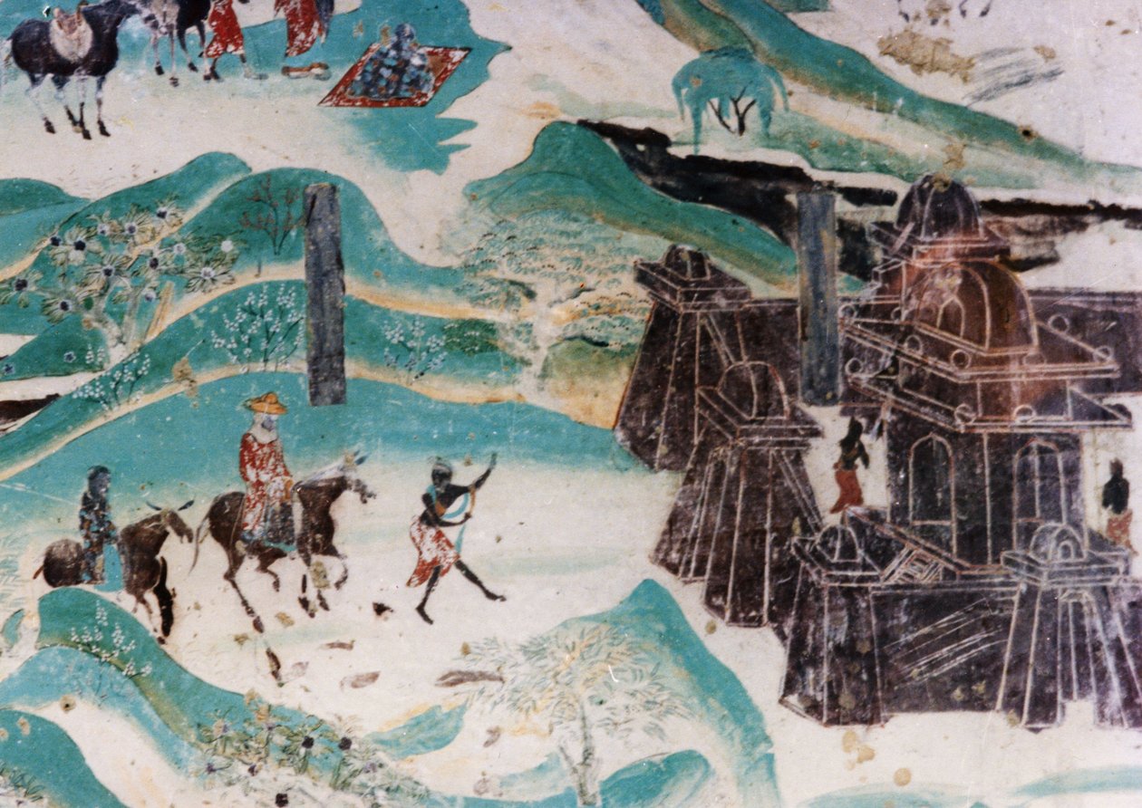 A Wutai-hegy (Wutaishan) térképének részlete, az öt dinasztia (907-960) idején a Dunhuang-barlangokban készült falfestmény, amely a nyugati régiók tipikus építészeti stílusát ábrázolja. alkotó: Unknown