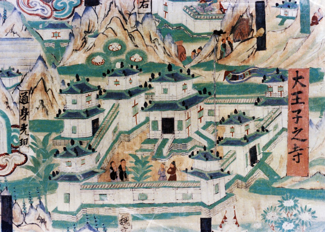 Részlet a Wutai-hegy (Wutaishan) térképéről, egy falfestményről, amely az öt dinasztia (907-960) idején készült a Dunhuang-barlangokban, és egy kolostort ábrázol. alkotó: Unknown