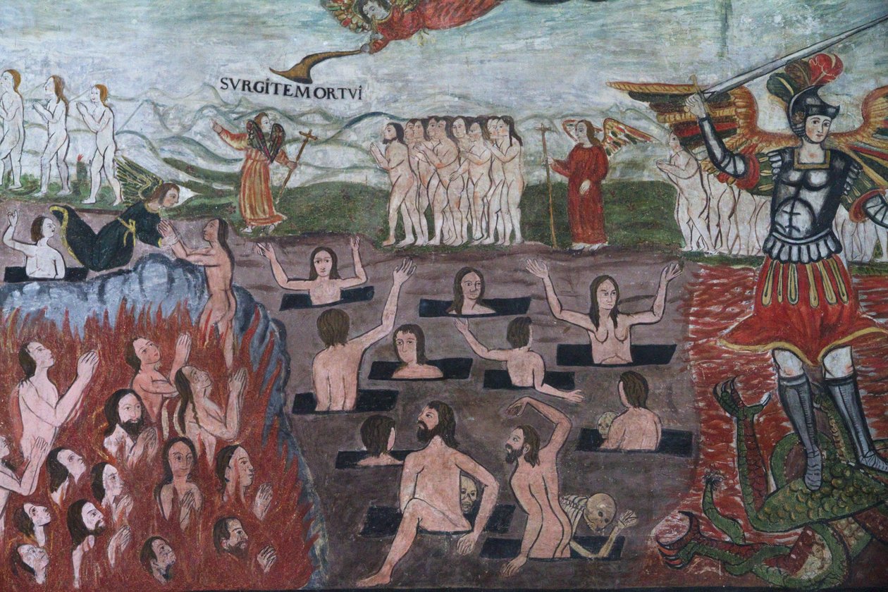 A végső ítéletet 17. századi barokk mesztizo freskókkal illusztrálva a Santiago De Curahuara De Carangas templom hajójában, az andok Sixtus-kápolnája, Curahuara De Carangas, Oruro, Bolívia (pho alkotó: Unknown
