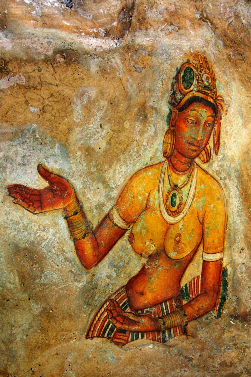 Freskó a Sigiriya szikla falán, Srí Lanka Matale kerületében. Ez az ősi vulkán 370 méter magas lávadombja a Ka király uralkodása alatt épült erődített palotakomplexumról híres. alkotó: Unknown