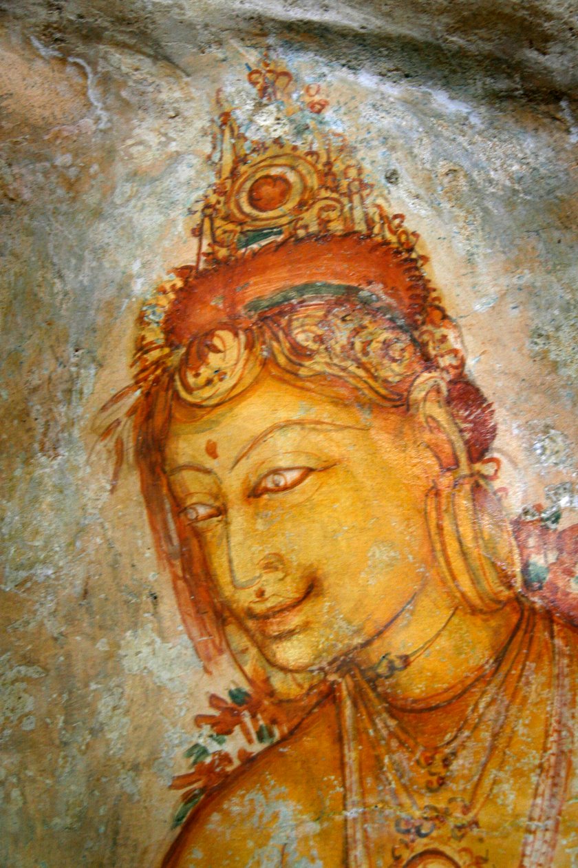 Freskó a Sigiriya szikla falán, Srí Lanka Matale kerületében. Ez az ősi vulkán 370 méter magas lávadombja a Ka király uralkodása alatt épült erődített palotakomplexumról híres. alkotó: Unknown