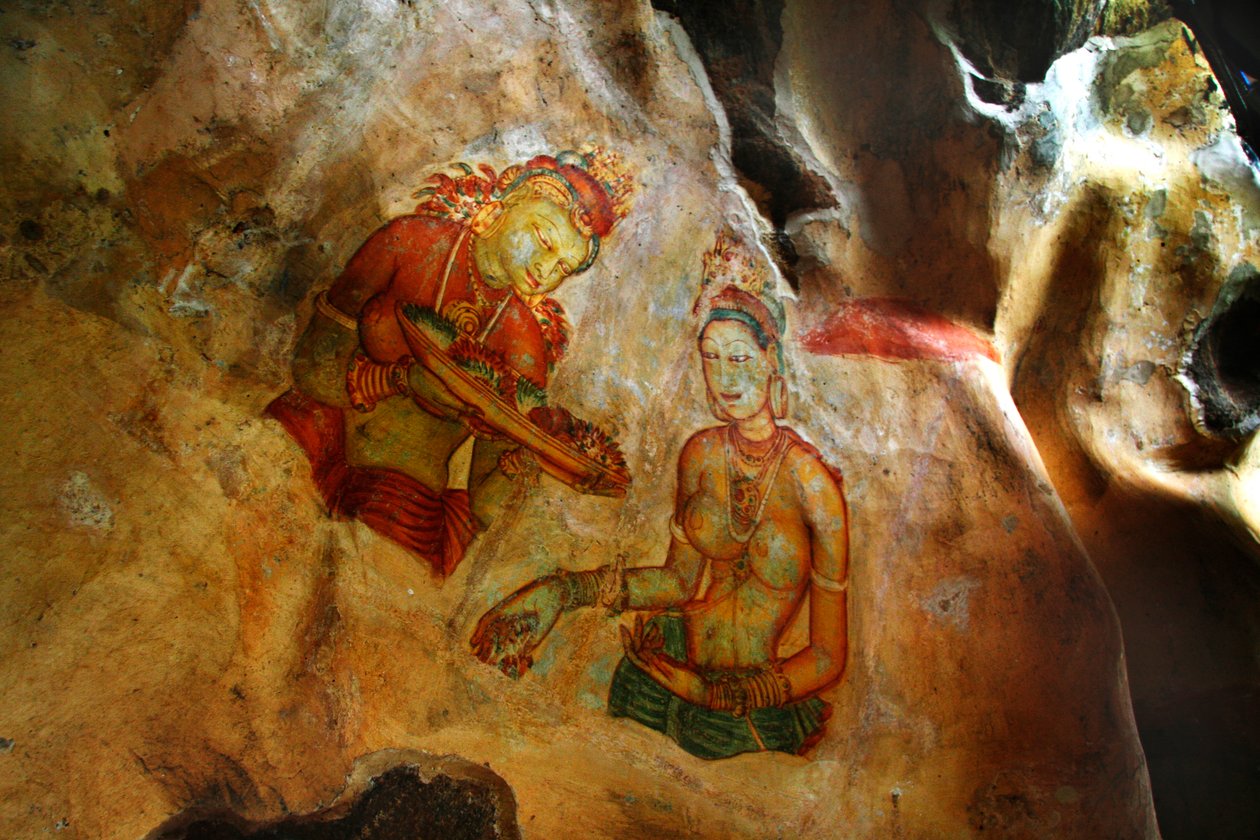 Freskók a Sigiriya szikla falán, Srí Lanka Matale kerületében. Ez a 370 méter magas, egy ősi vulkán lávadombja a K király uralkodása alatt épült erődített palotakomplexumról híres. alkotó: Unknown
