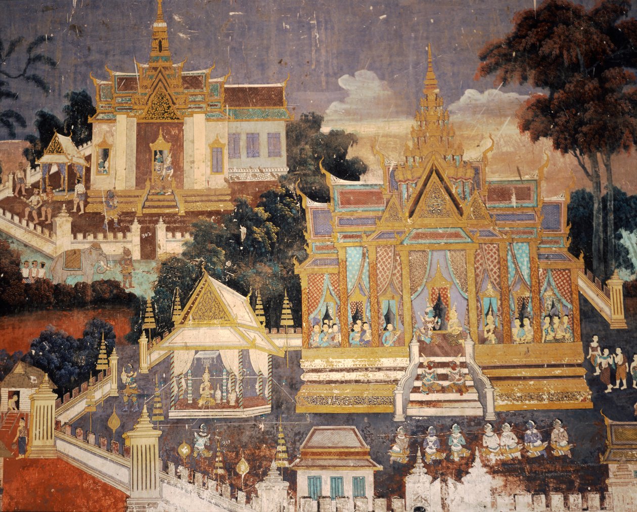 Királyi palota falfestménye, Phnom Penh, Kambodzsa A templom belsejében az ezüst pagoda alkotó: Unknown