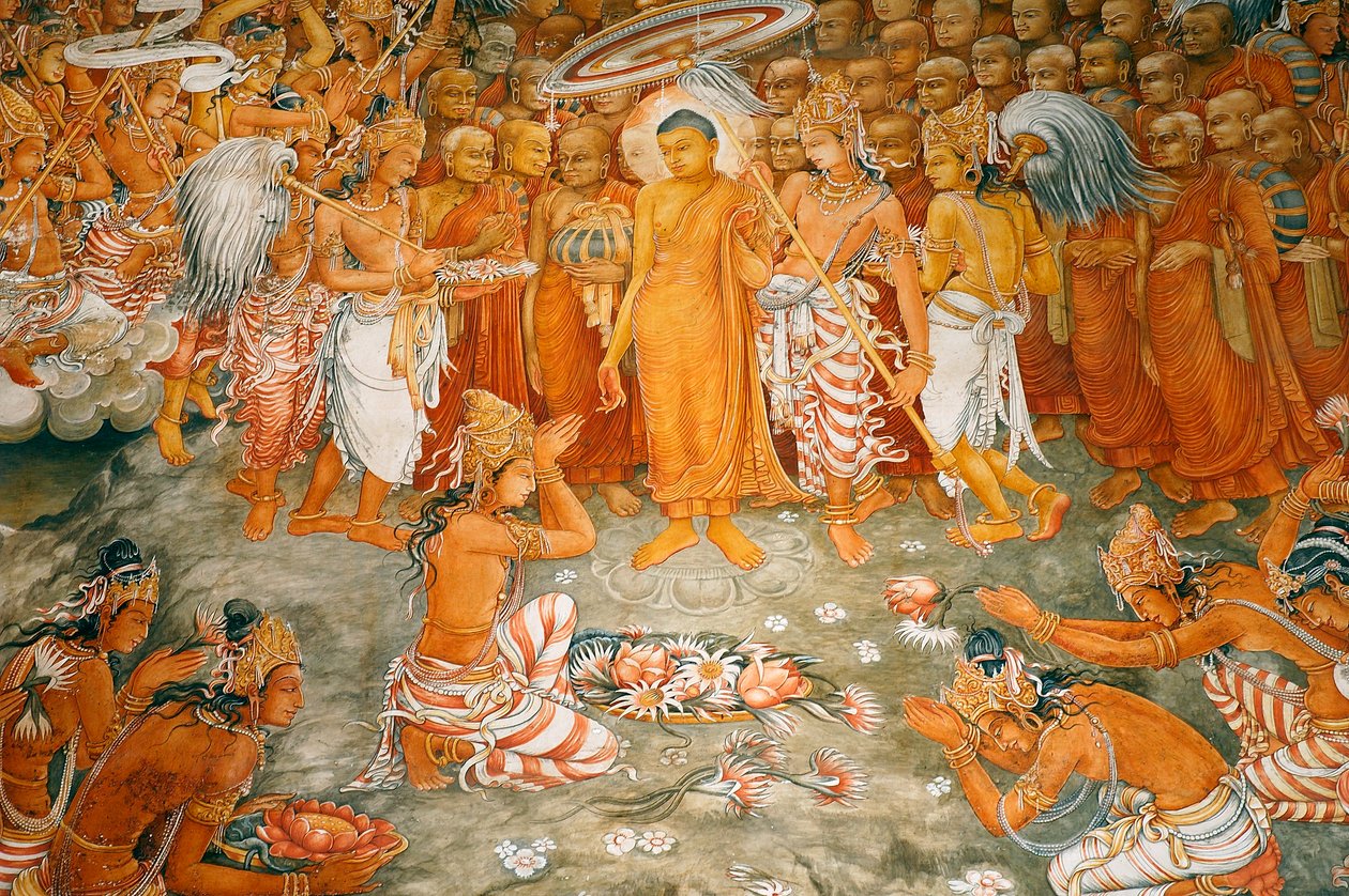 Falfestmény a Kelaniya-templom falán Kelaniya Viharaban, amely az egyik legszentebb buddhista hely, körülbelül hat mérföldre Srí Lanka fővárosától, Colombótól. 2010. január 7. alkotó: Unknown