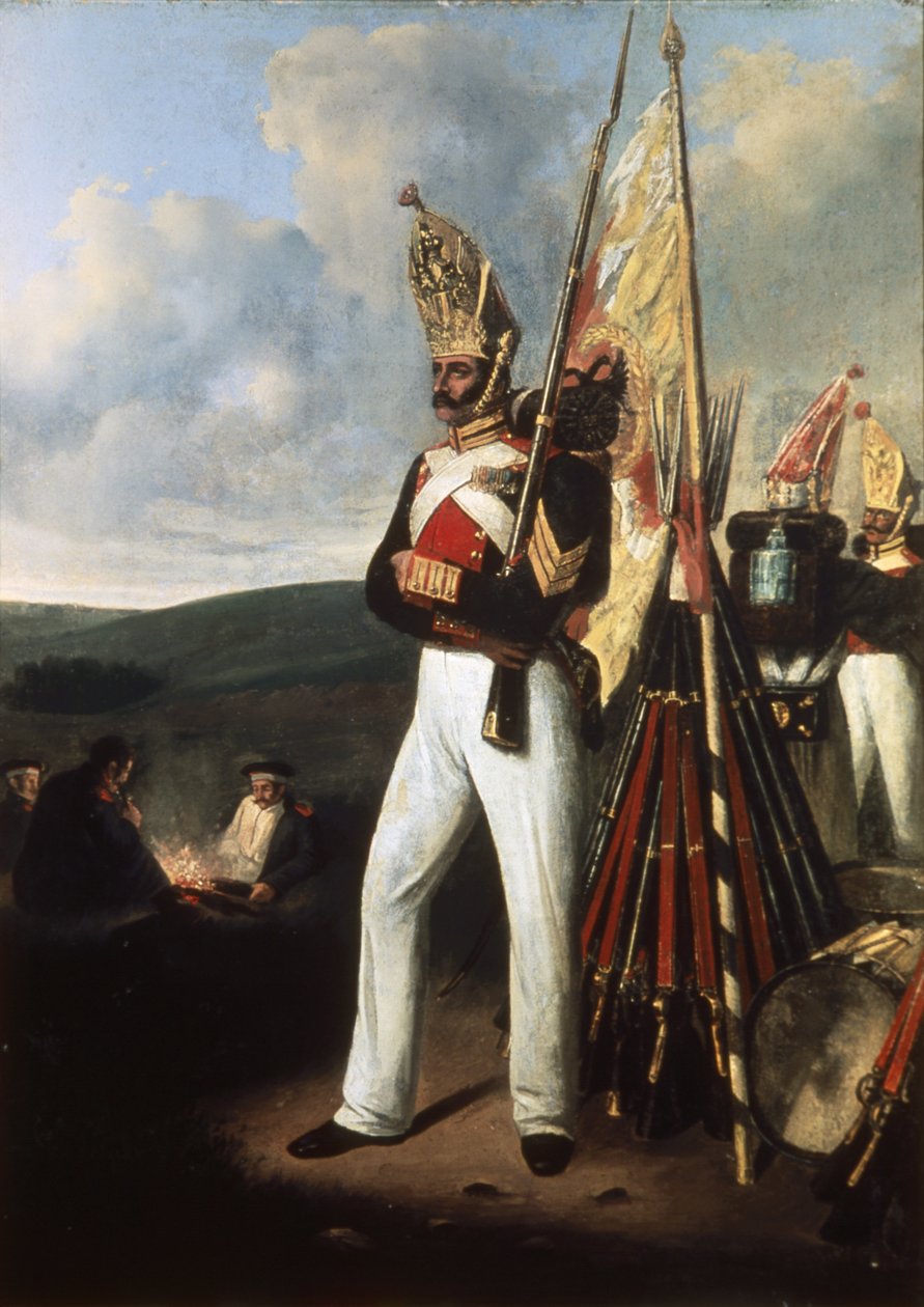 Festmény az orosz Pavlovszkij-ezred gyalogos katonájáról a borodinói csata idején a Napóleonnal vívott 1812-es háború idején. alkotó: Unknown